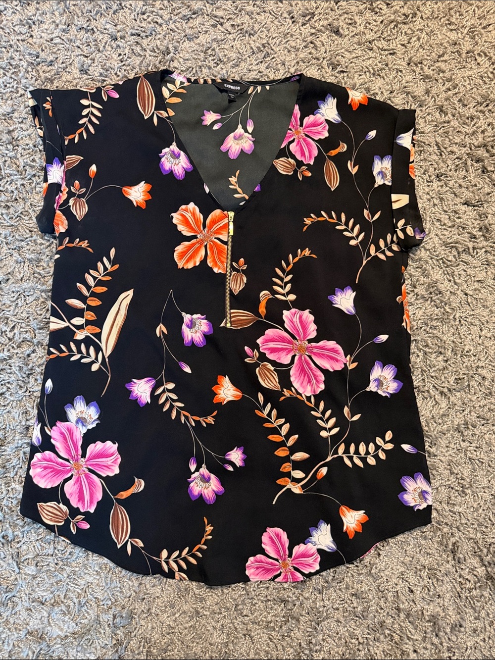 Floral V-Neck Women’s Top - Black with Pink, Orange, & Purple Flowers